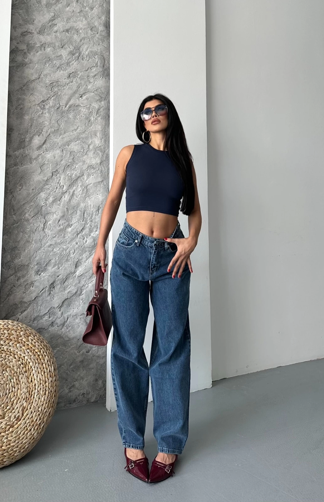 Baggy kar yıkama jeans pantolon koyu mavi d2007