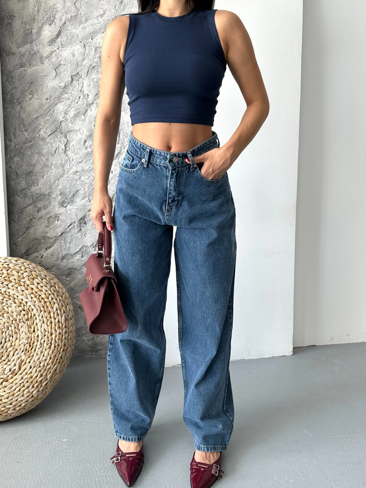 Baggy kar yıkama jeans pantolon koyu mavi d2007