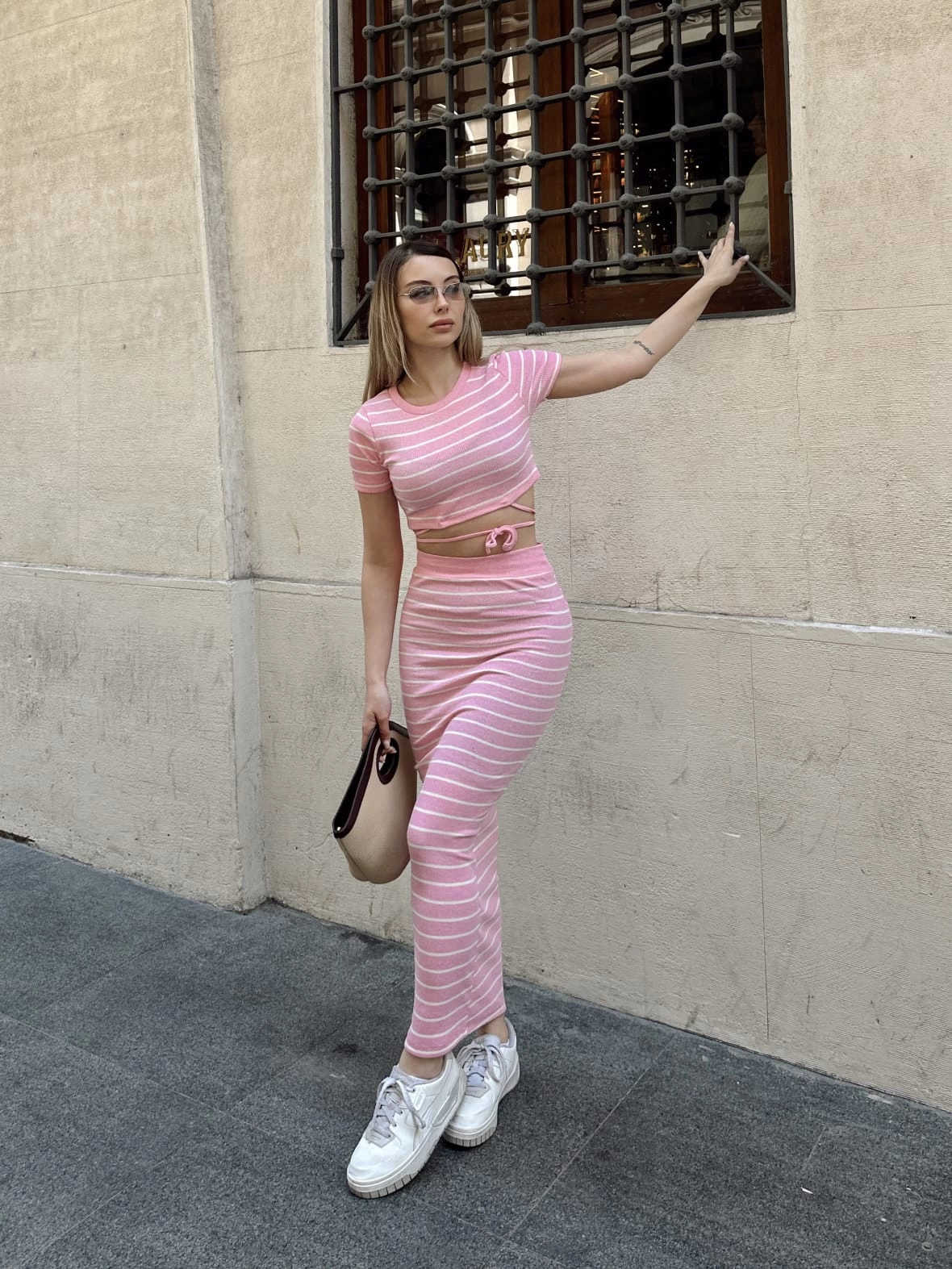 Çizgili etekli takım pembe s3609