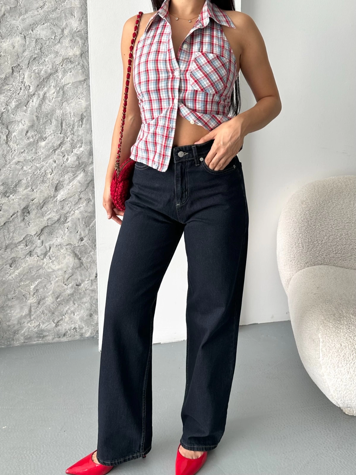 Palazzo süper taş enzim tint yıkama koyu lacivert jeans pantolon d2008