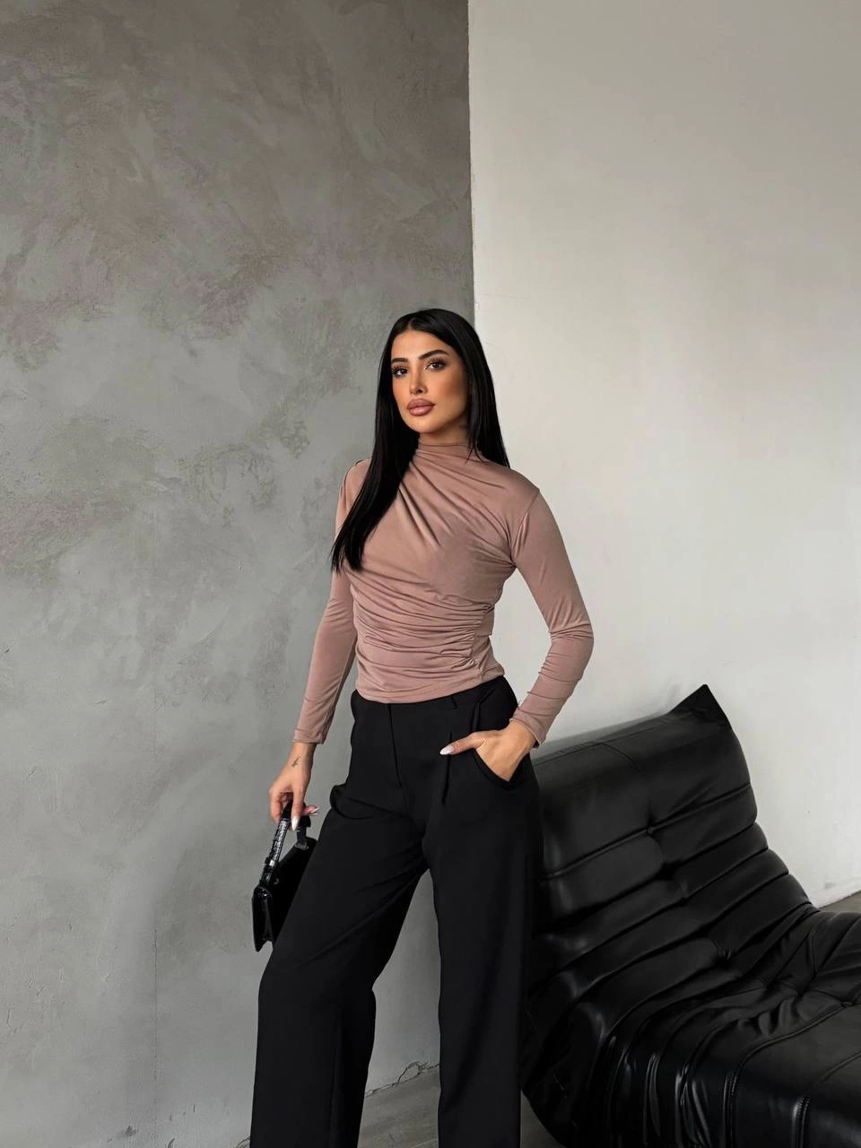 Yarım boğazlı bluz vizon f2245