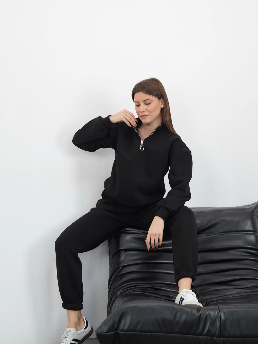 3 iplik içi Şardonlu yarım fermuarlı alt üst takım siyah