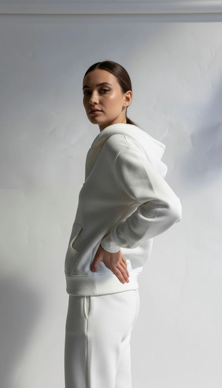 3 iplik şardonlu kapşonlu hoodie frm beyaz p510437