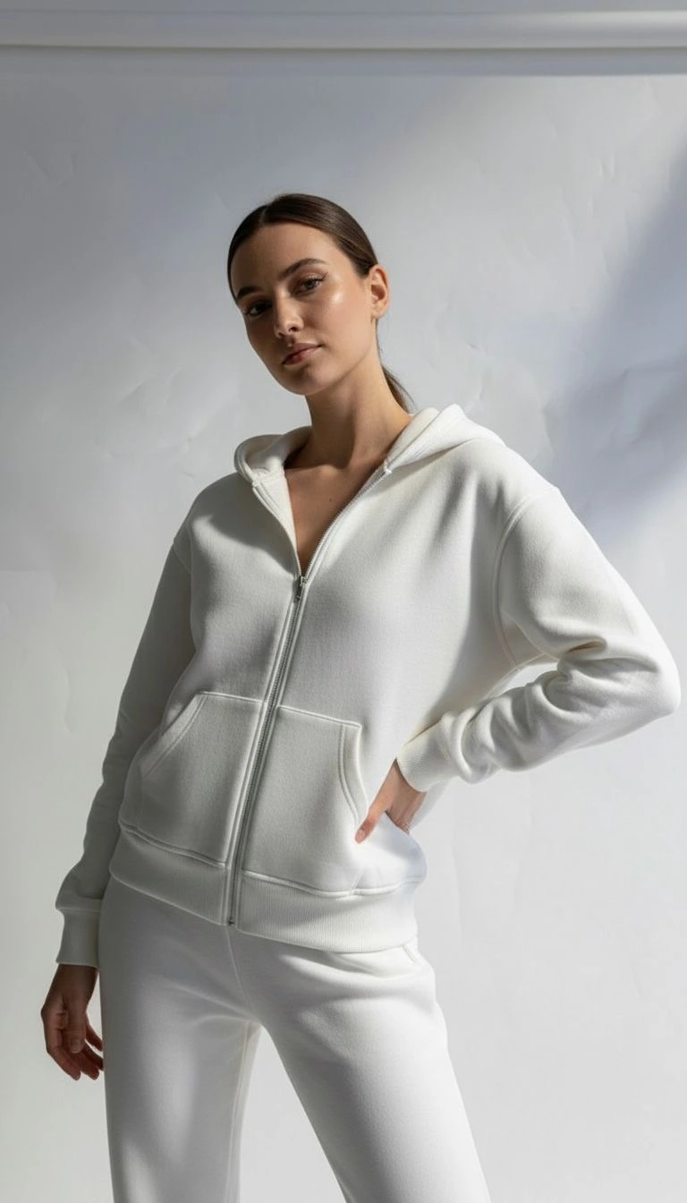 3 iplik şardonlu kapşonlu hoodie frm beyaz p510437