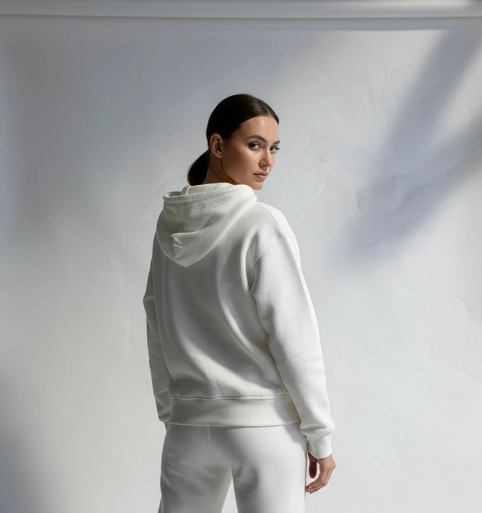 3 iplik şardonlu kapşonlu hoodie frm beyaz p510437