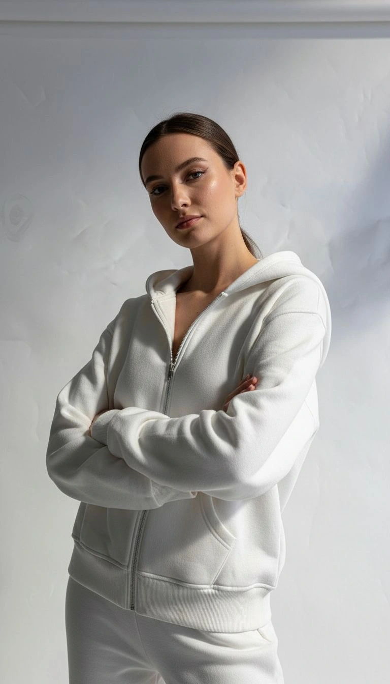 3 iplik şardonlu kapşonlu hoodie frm beyaz p510437