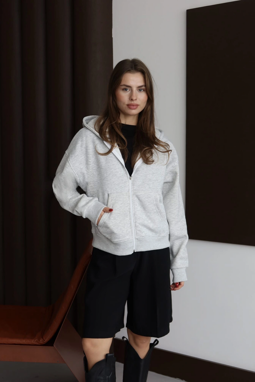 3 iplik şardonlu kapşonlu hoodie frm gri p510437