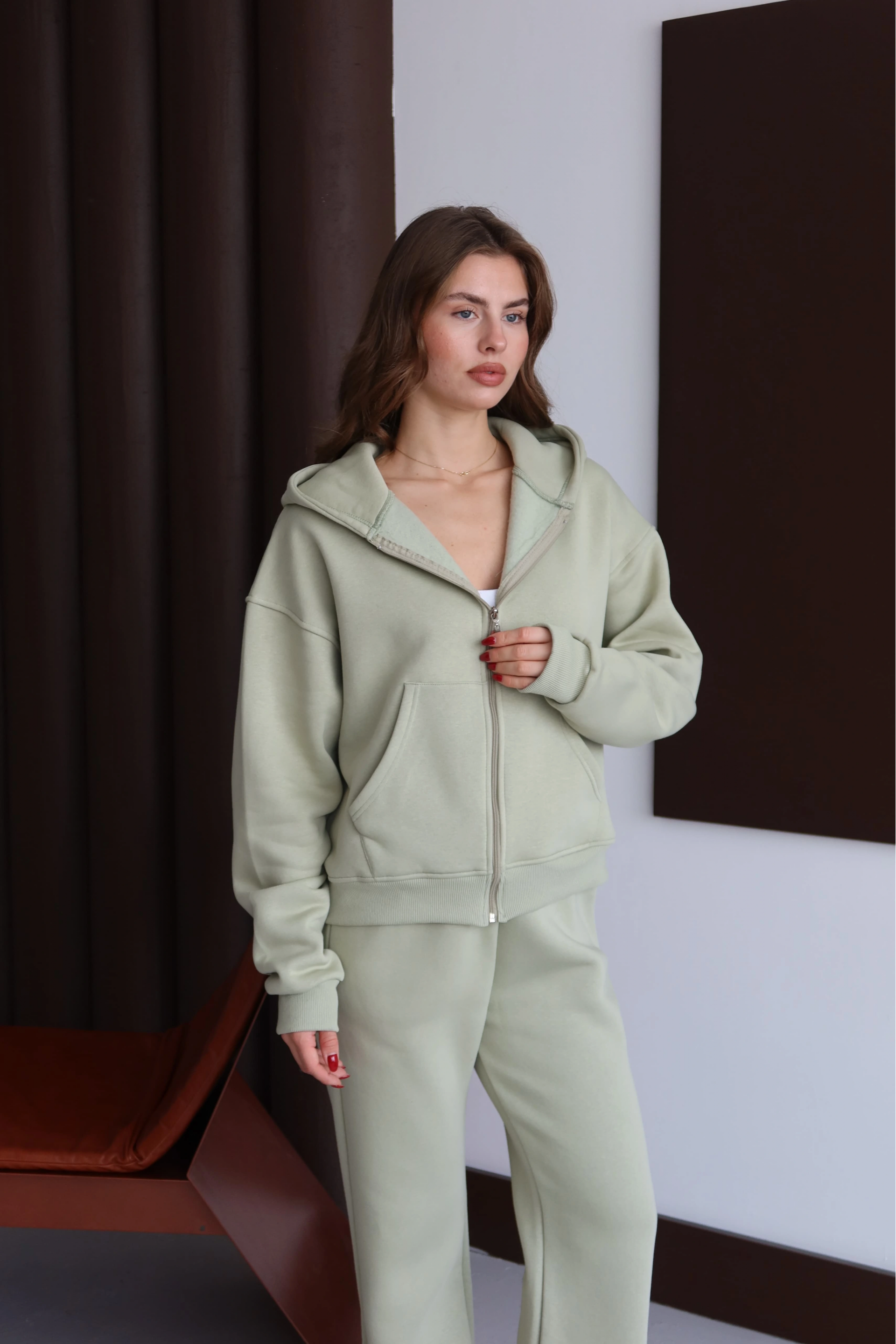 3 iplik şardonlu kapşonlu hoodie frm mint p510437