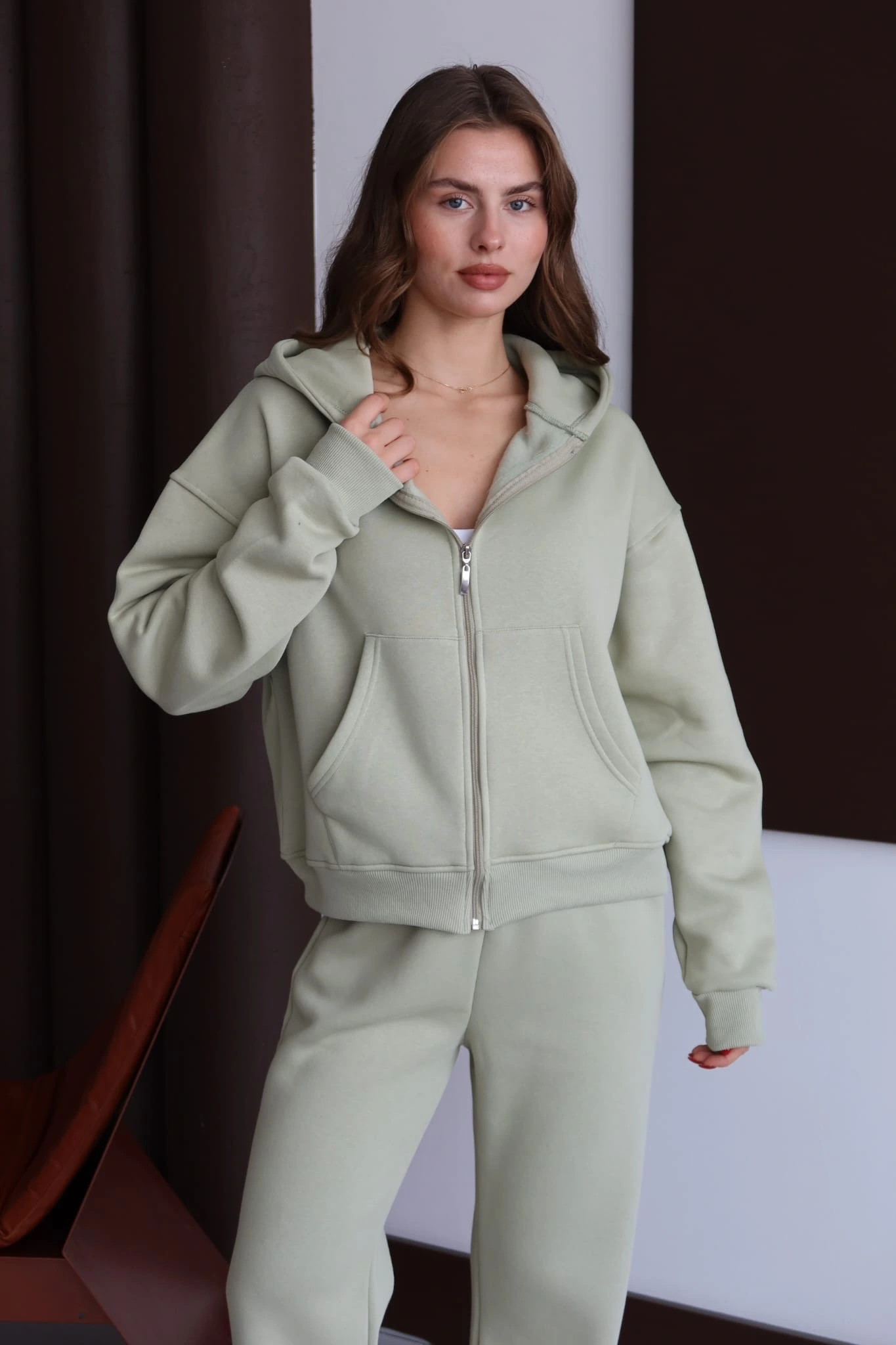 3 iplik şardonlu kapşonlu hoodie frm mint p510437