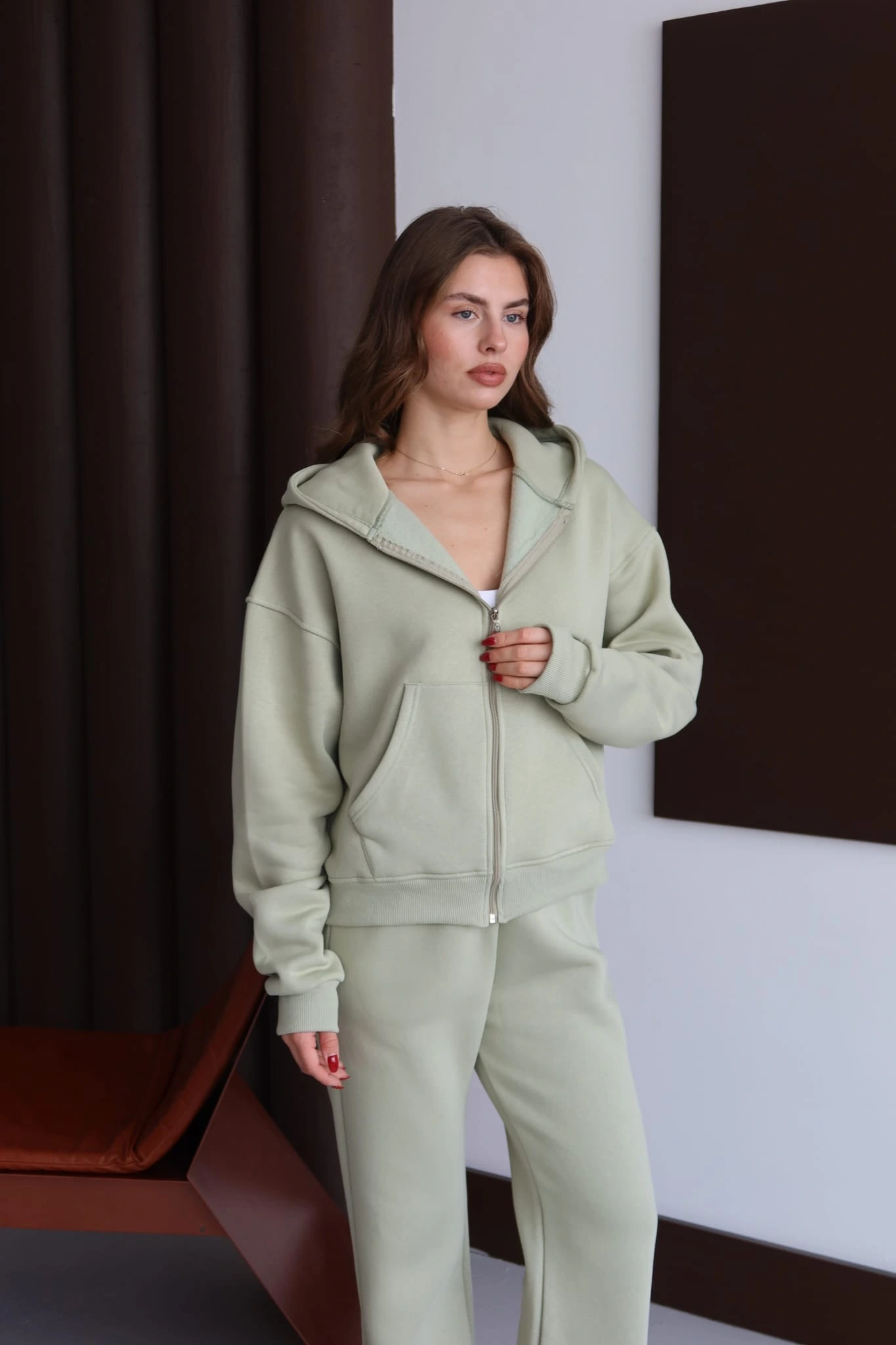 3 iplik şardonlu kapşonlu hoodie frm mint p510437