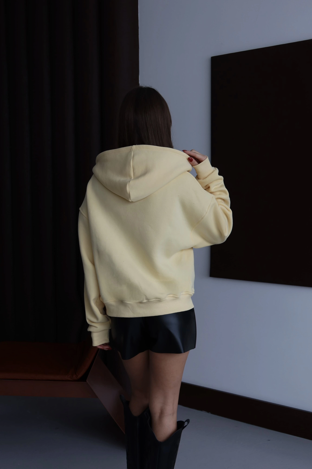 3 iplik şardonlu kapşonlu hoodie frm sarı p510437