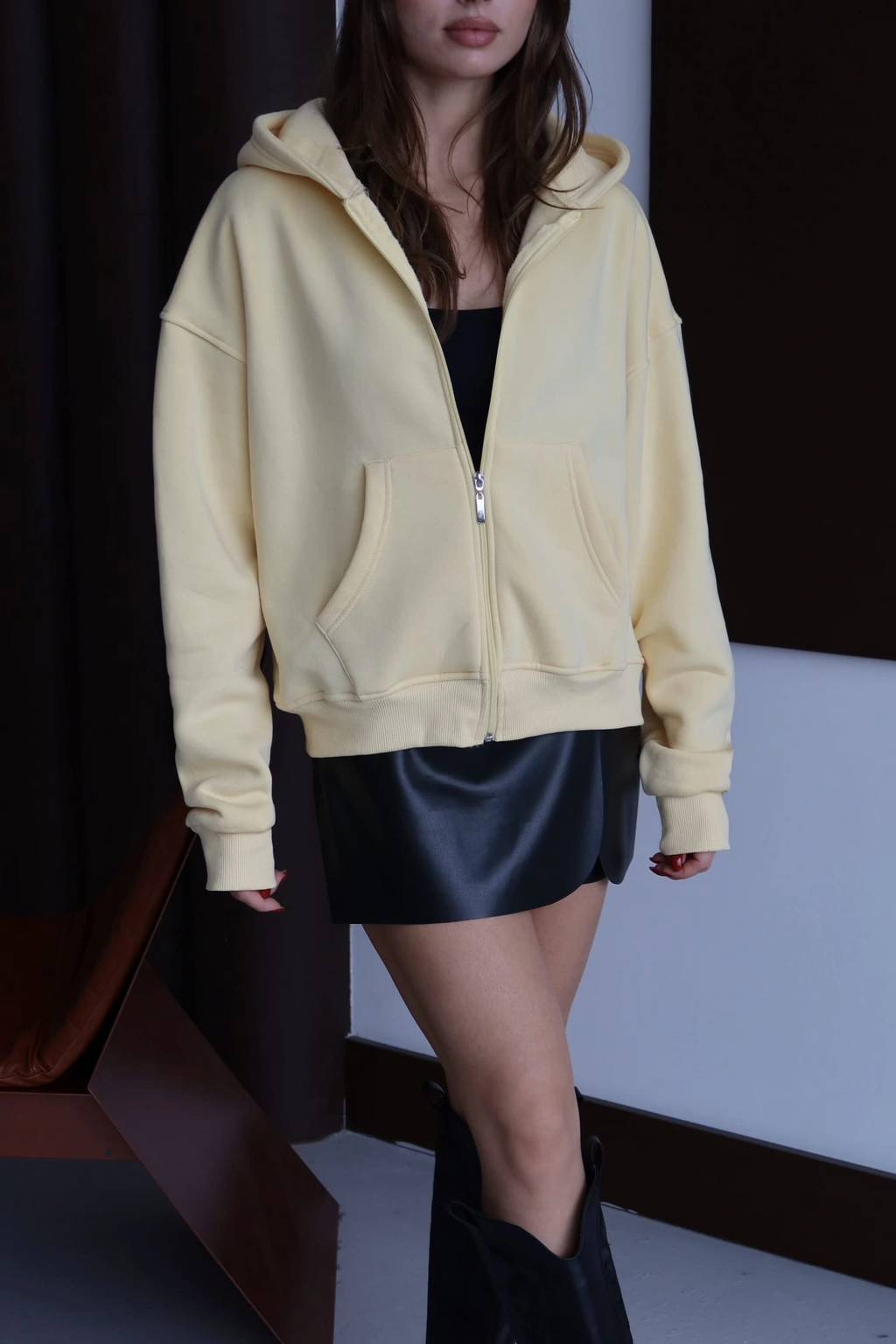 3 iplik şardonlu kapşonlu hoodie frm sarı p510437