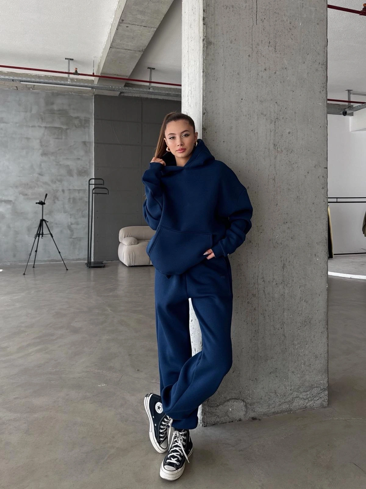 3 iplik şardonlu kapşonlu sweatshirt lacivert p510436