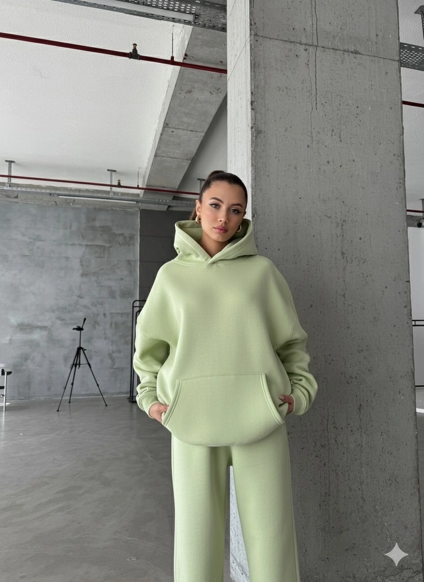 3 iplik şardonlu kapşonlu sweatshirt mint p510436