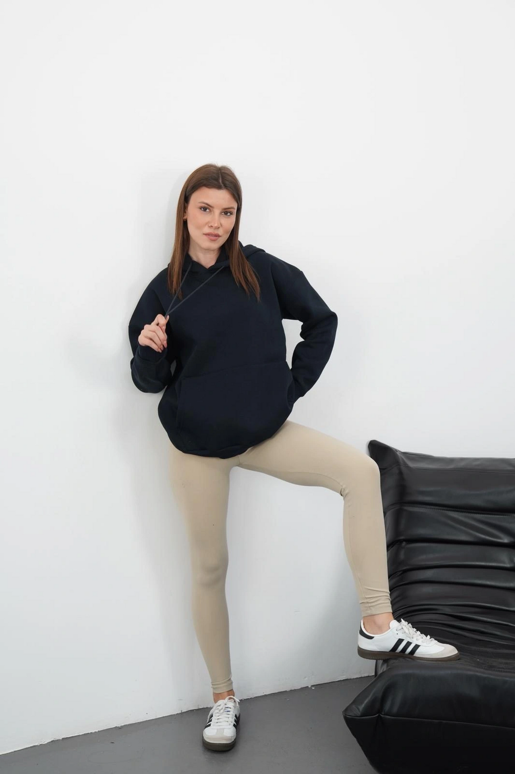 3 iplik şardonlu kapşonlu swetshirt lacivert md63