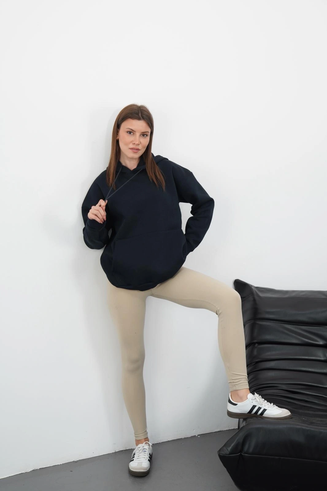 3 iplik şardonlu kapşonlu swetshirt lacivert md63