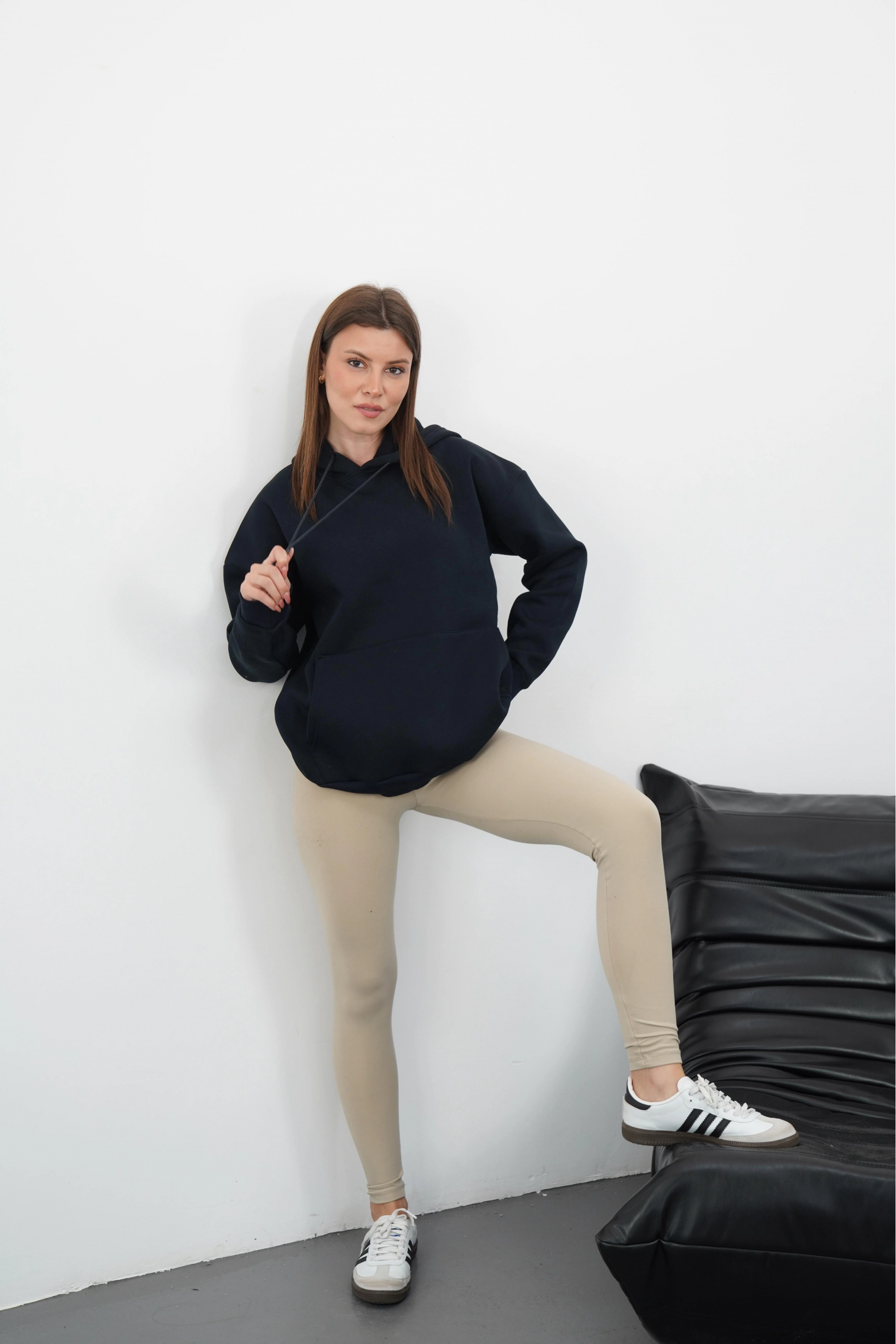 3 iplik şardonlu kapşonlu swetshirt lacivert md63