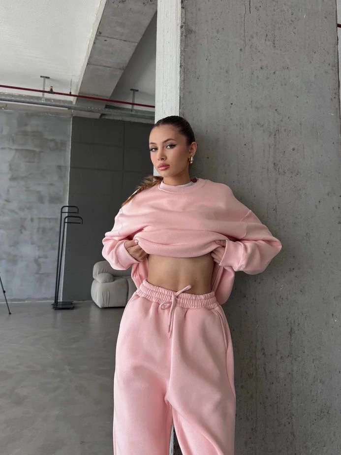 3 iplik şardonlu Lastik paça eşofman pembe p510439