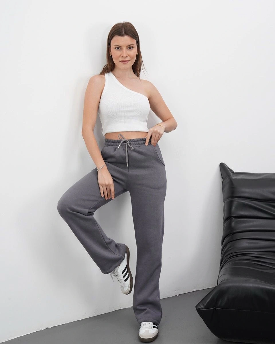 3 iplik şardonlu palazzo pantolon füme md64