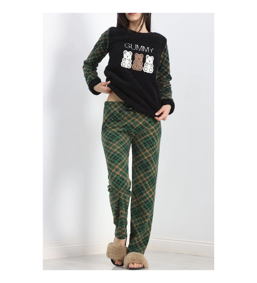 Üç ayıcıklı polar pijama takımı yeşil