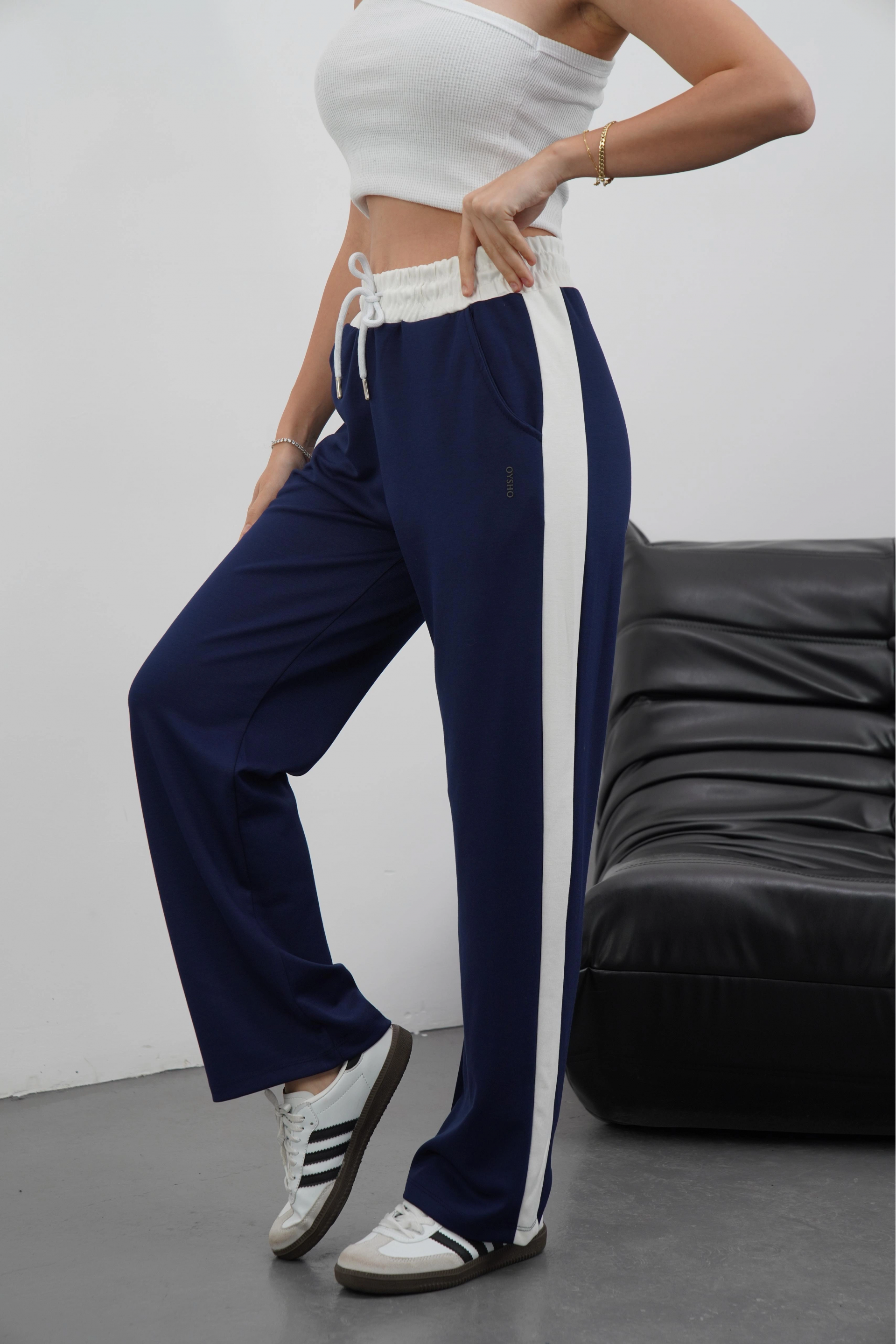 Şeritli garnili pantolon lacivert