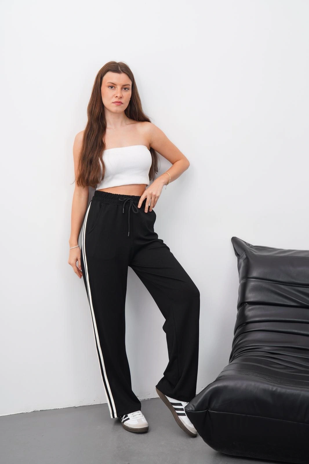 Yandan çift şeritli oys pantolon siyah