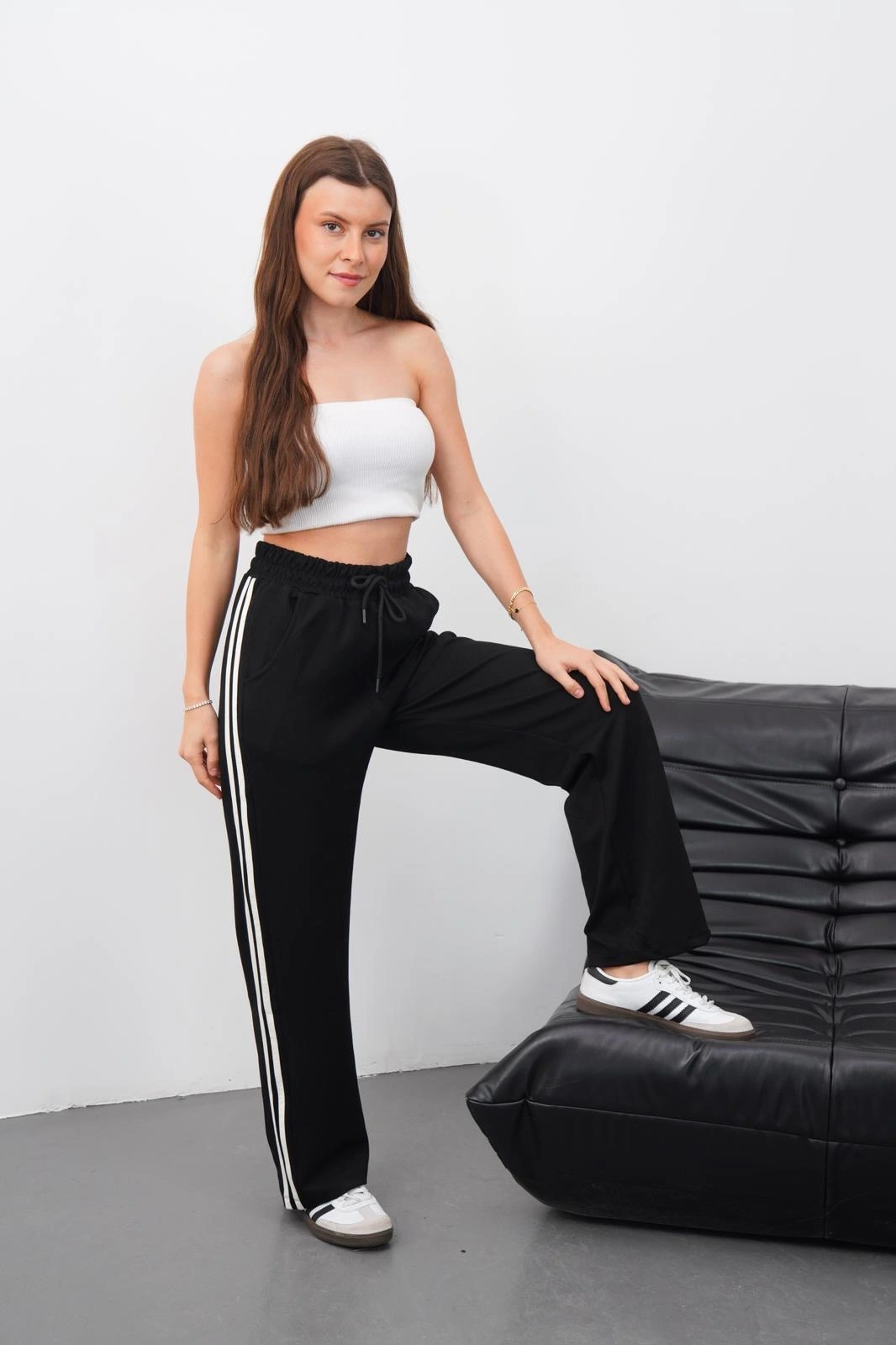 Yandan çift şeritli oys pantolon siyah