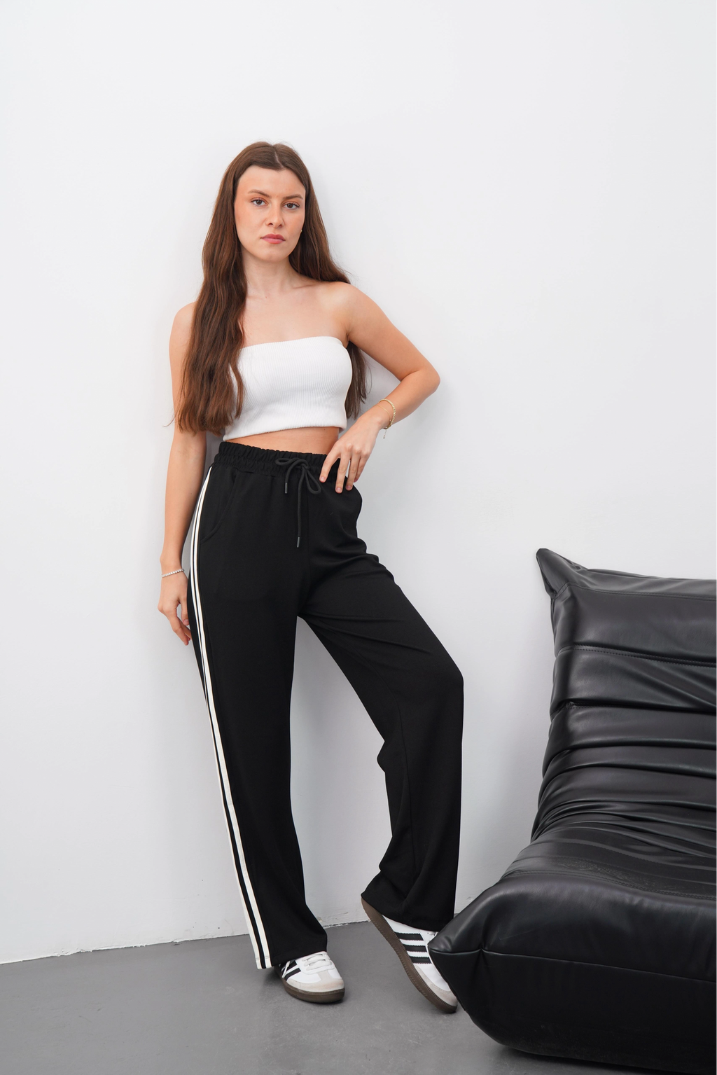 Yandan çift şeritli oys pantolon siyah