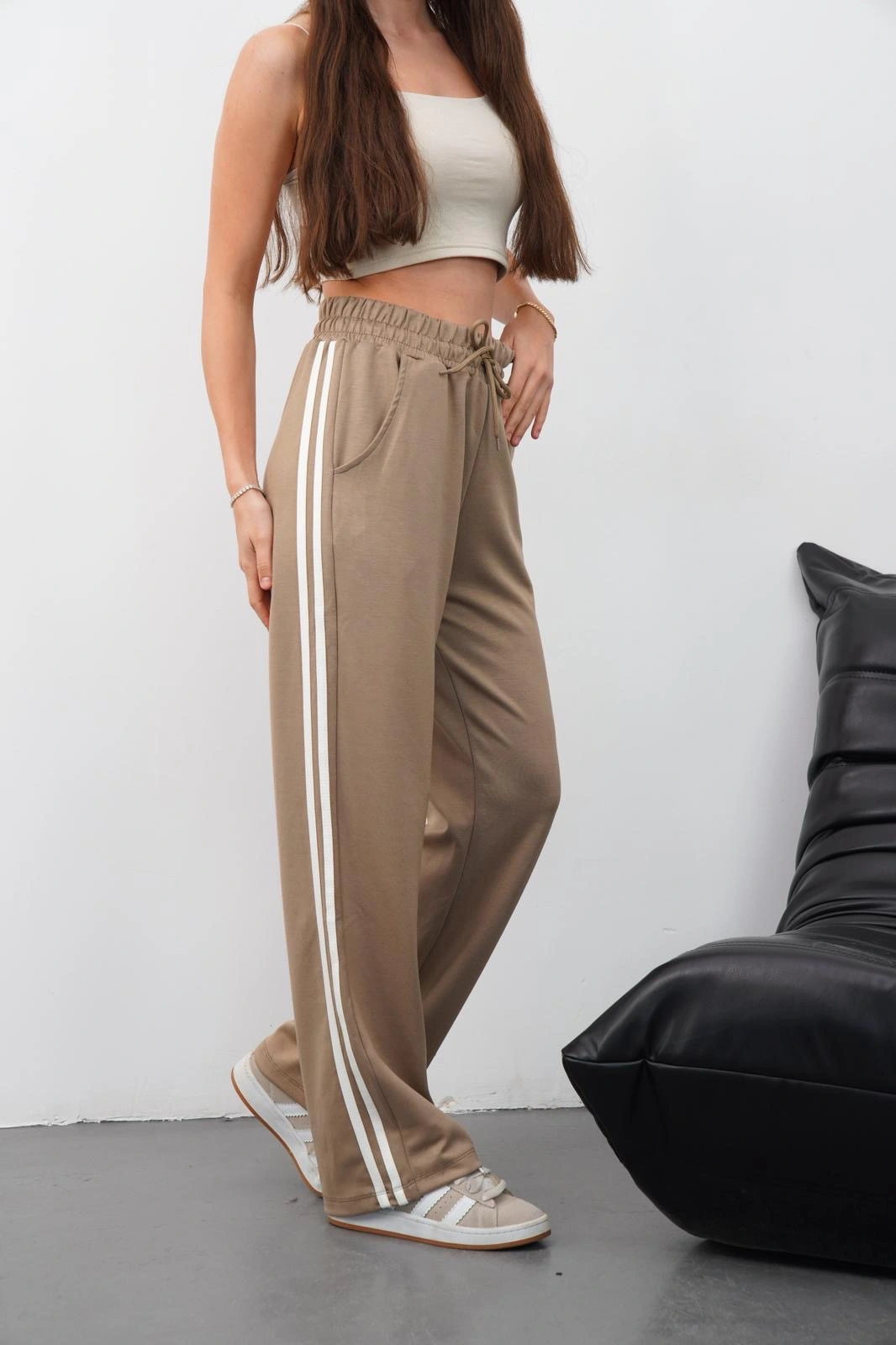 Yandan çift şeritli oys pantolon vizon