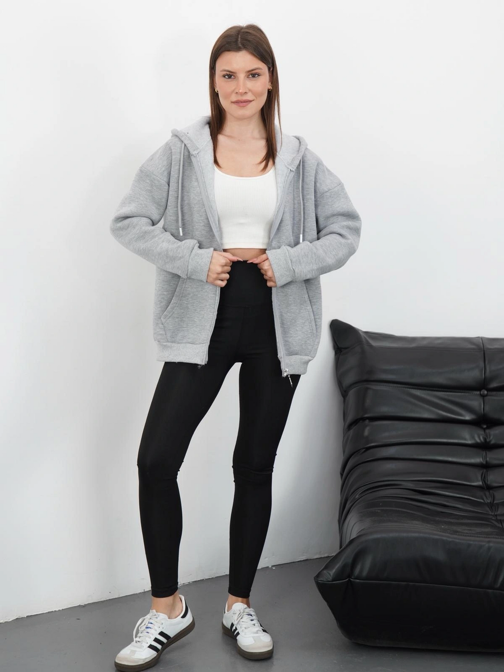 3 iplik şardonlu fermuarlı kapşonlu hırka gri