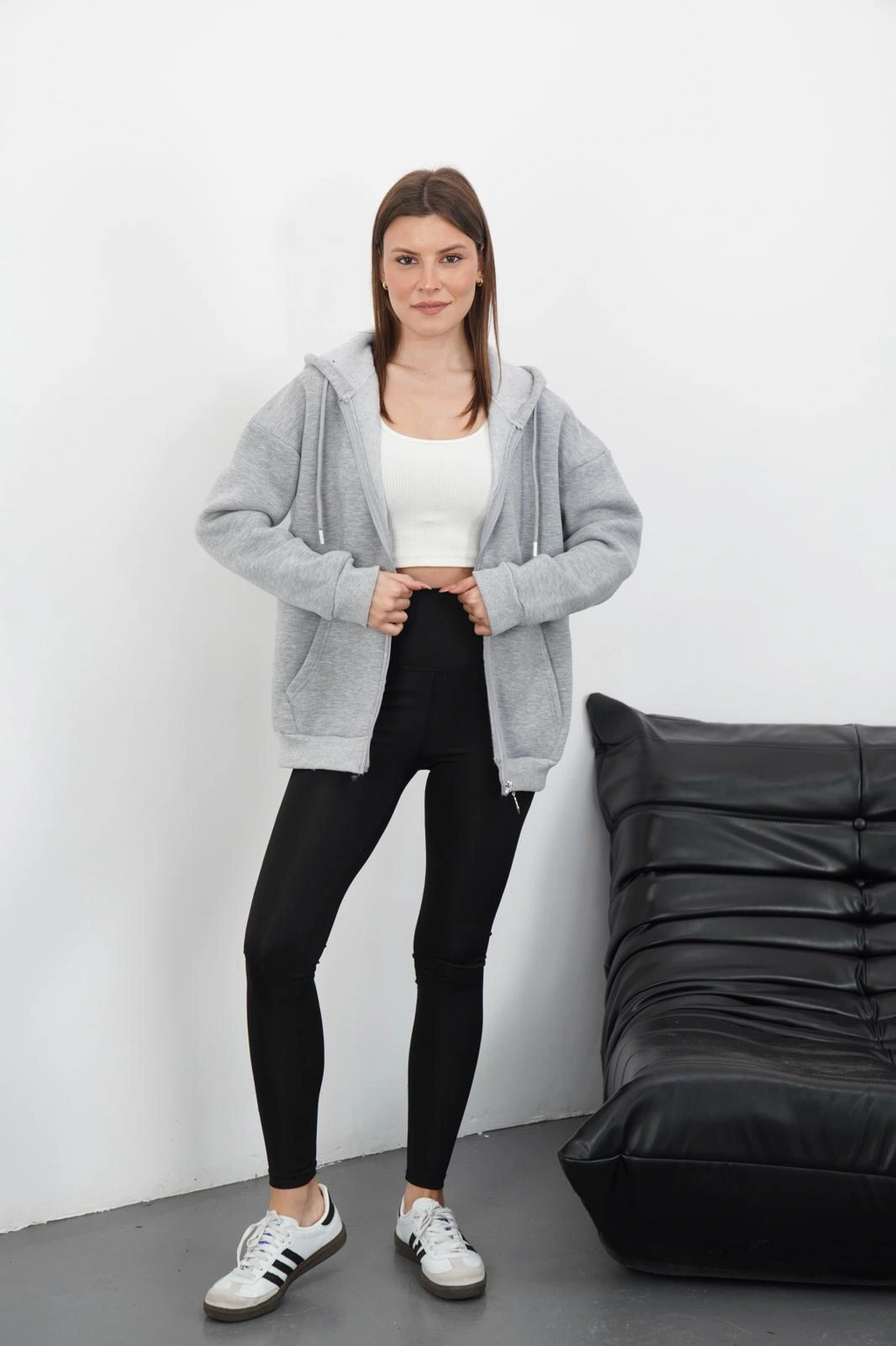 3 iplik şardonlu fermuarlı kapşonlu hırka gri