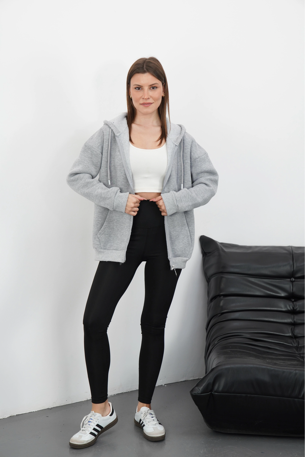 3 iplik şardonlu fermuarlı kapşonlu hırka gri