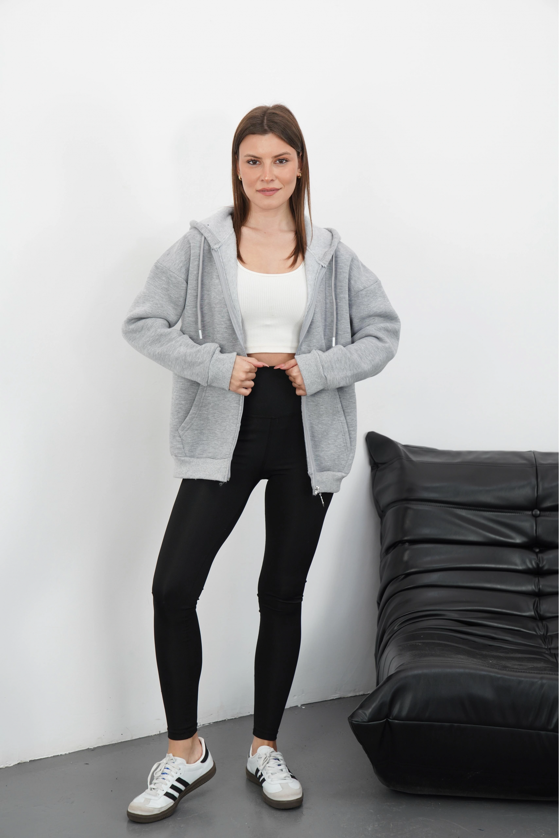 3 iplik şardonlu fermuarlı kapşonlu hırka gri