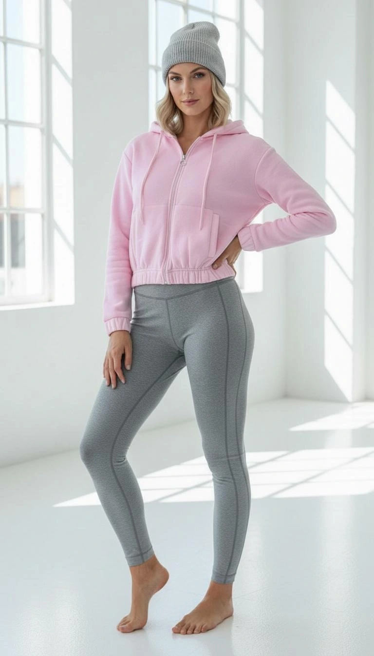 3 iplik şardonlu Kapşonlu fermuarlı kısa üst pembe pat8590