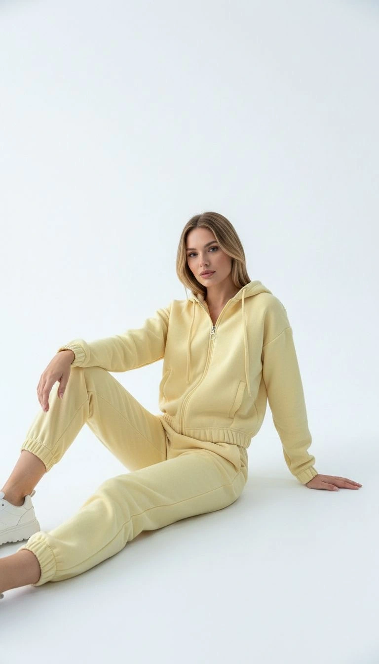 3 iplik şardonlu Kapşonlu fermuarlı kısa üst sarı pat8590