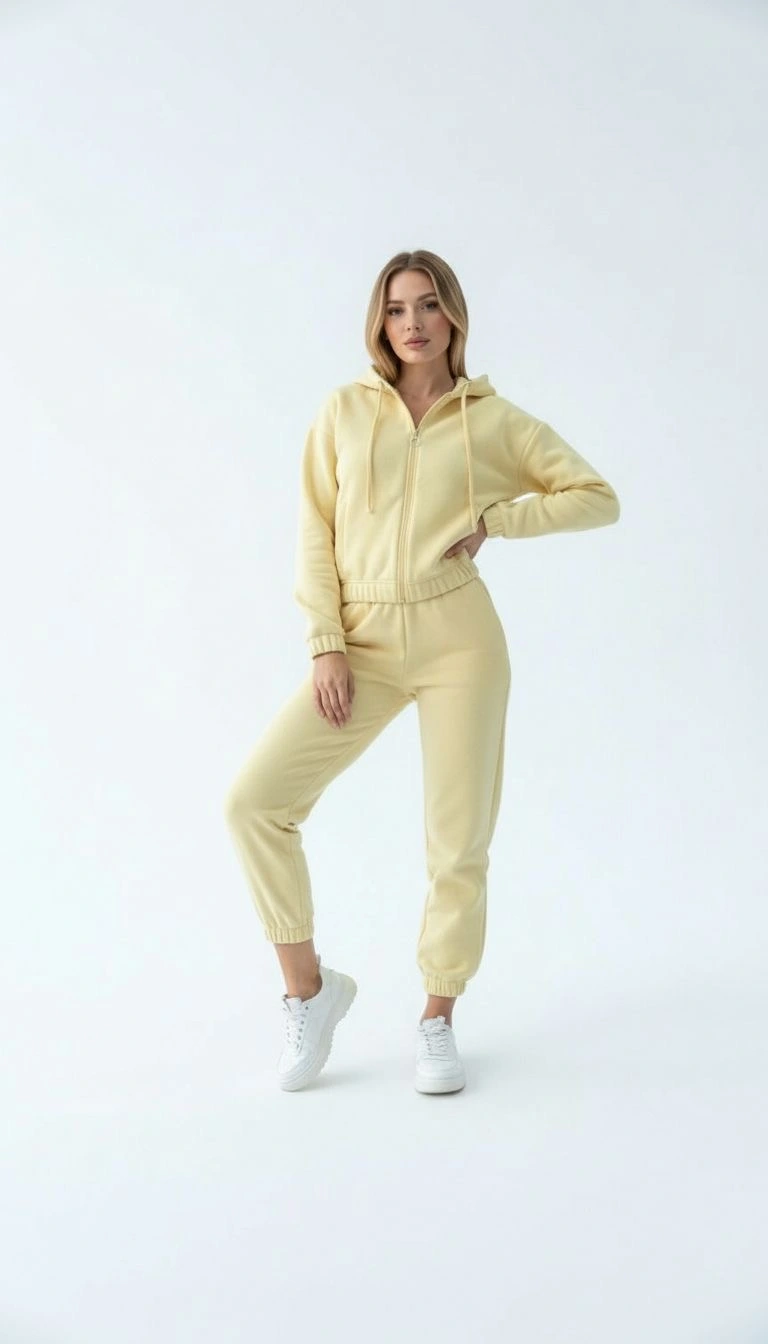 3 iplik şardonlu Kapşonlu fermuarlı kısa üst sarı pat8590