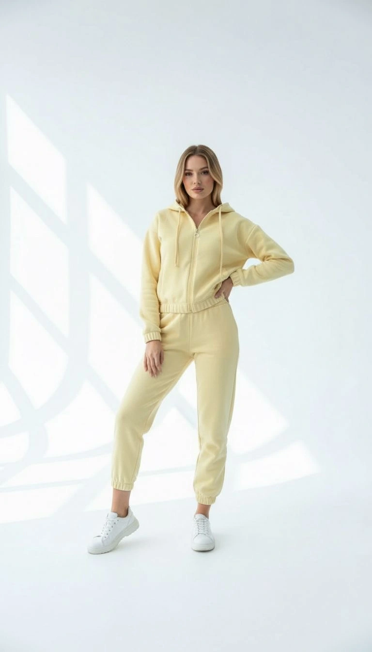 3 iplik şardonlu Kapşonlu fermuarlı kısa üst sarı pat8590