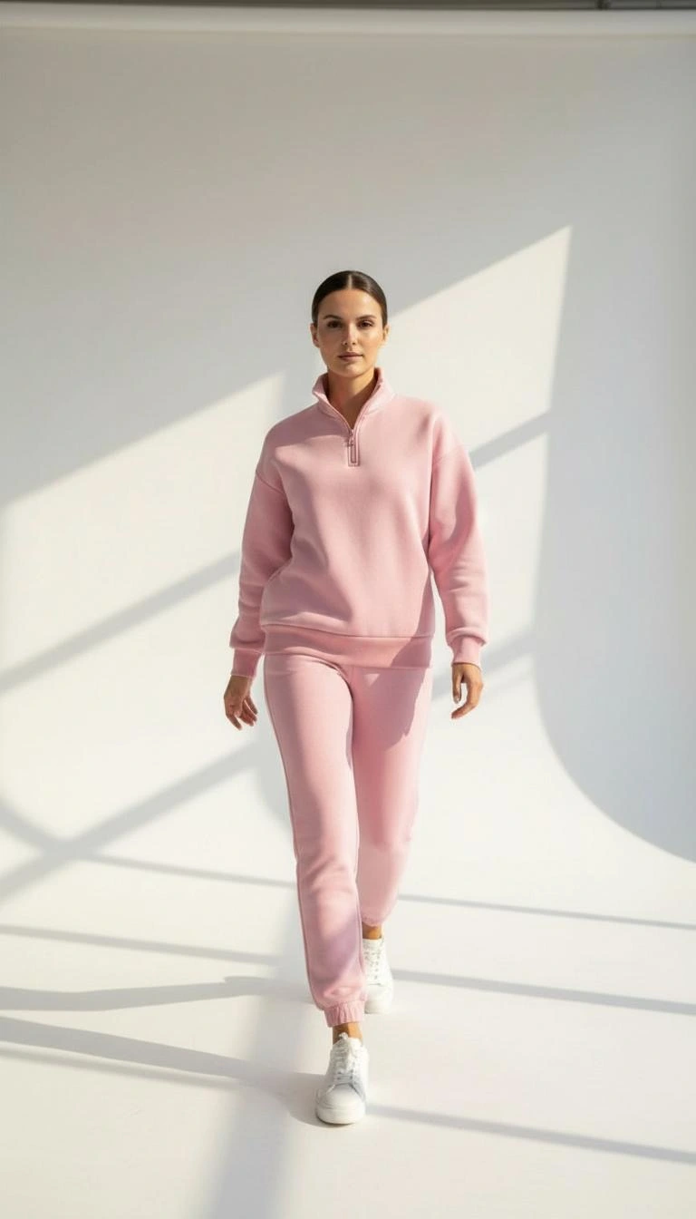 3 iplik Şardonlu yarım fermuarlı sweatshirt somon