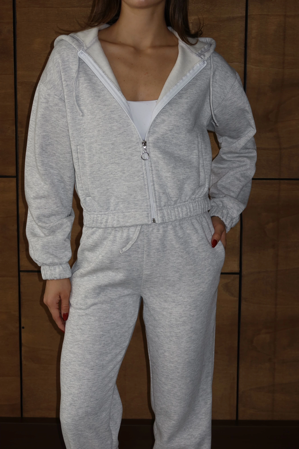 3 iplik şardonlu Kapşonlu fermuarlı kısa üst gri pat8590