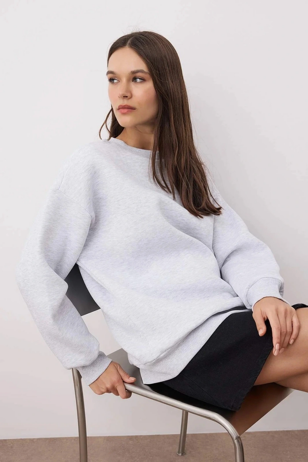 3 iplik şardonlu bisiklet yaka sweatshirt gri