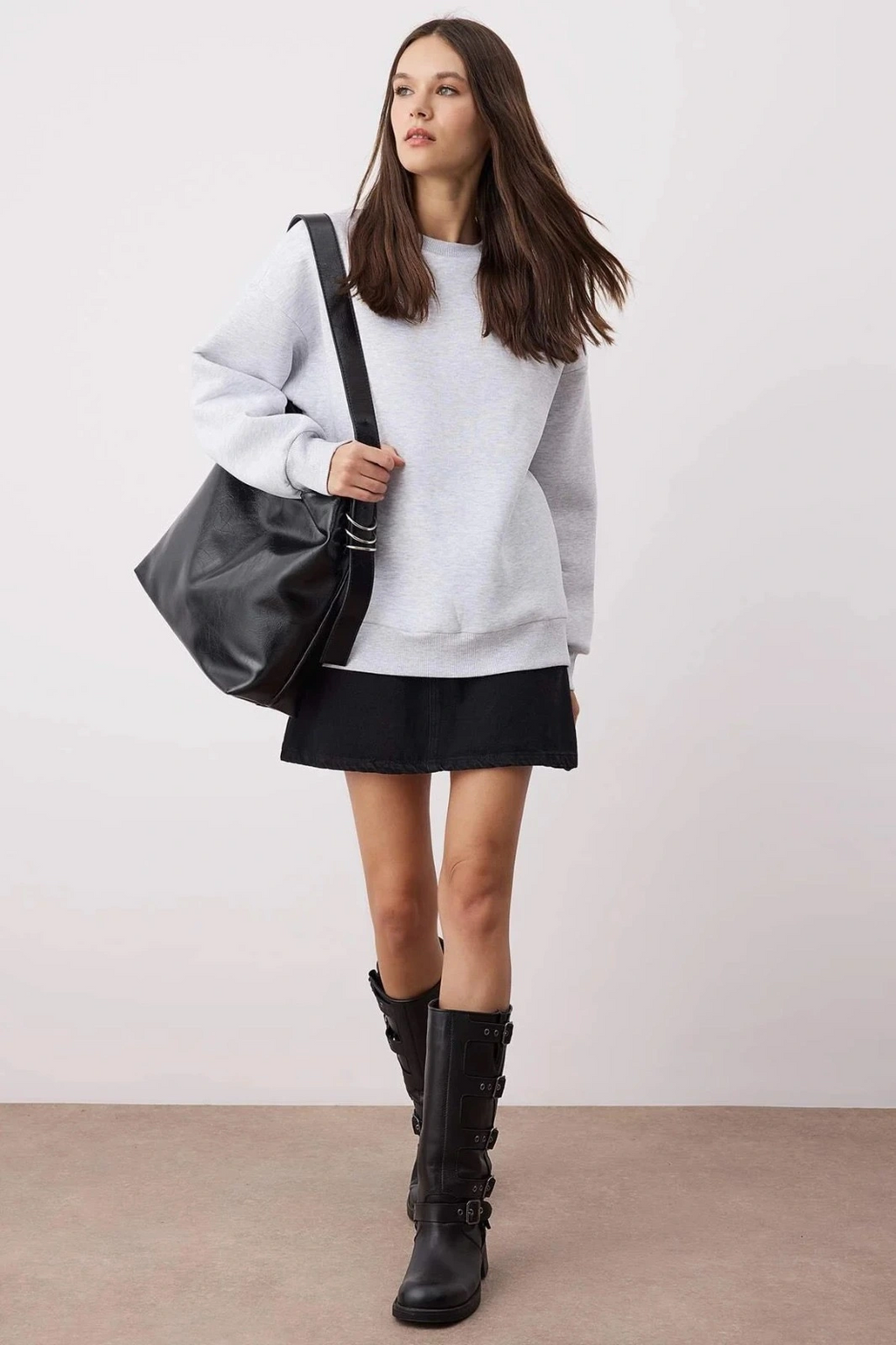 3 iplik şardonlu bisiklet yaka sweatshirt gri