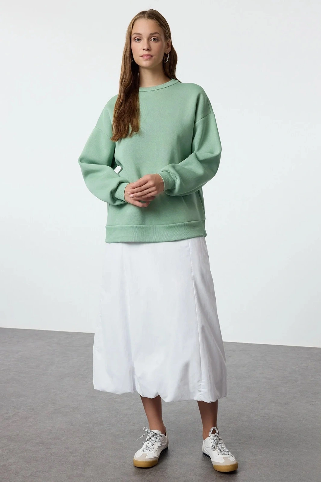 3 iplik şardonlu bisiklet yaka sweatshirt mint