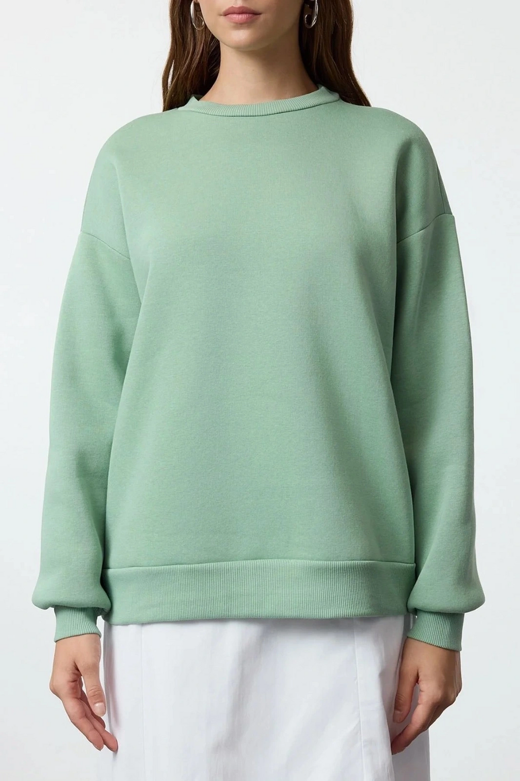 3 iplik şardonlu bisiklet yaka sweatshirt mint