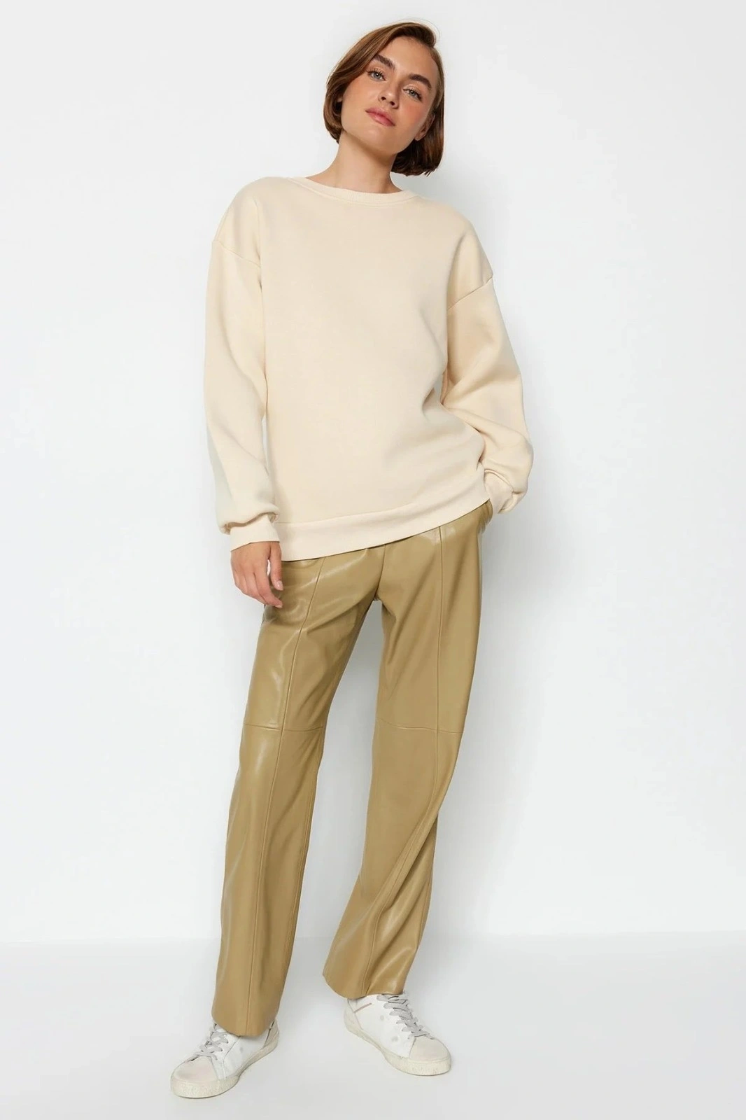 3 iplik şardonlu bisiklet yaka sweatshirt bej