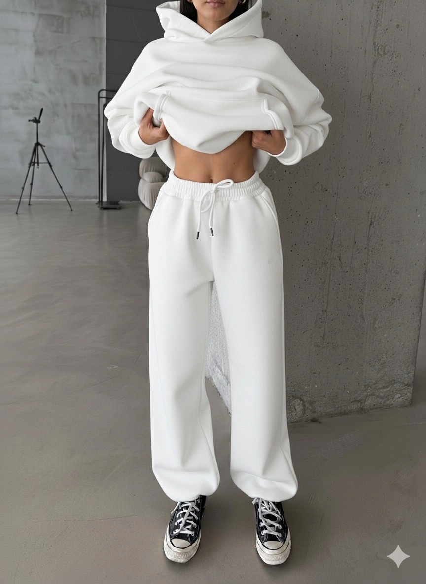 3 iplik şardonlu Lastik paça eşofman beyaz p510439