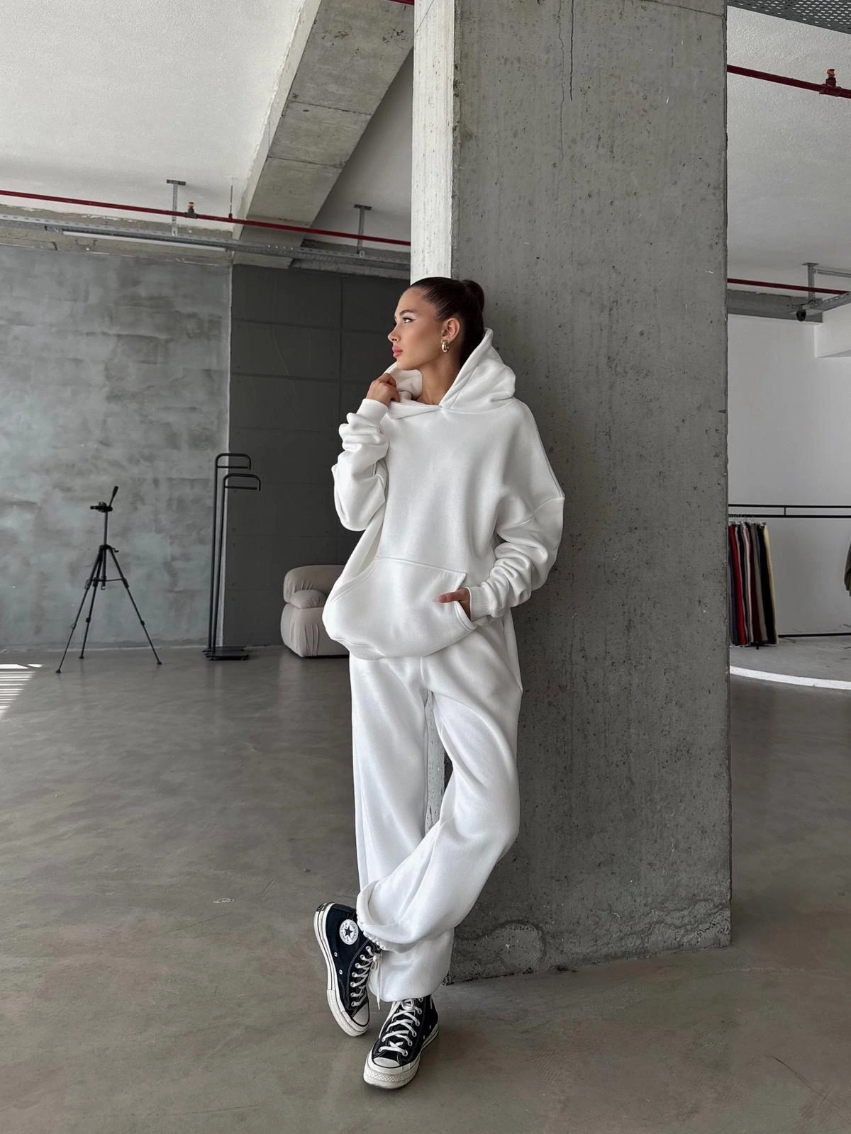 3 iplik şardonlu Lastik paça eşofman beyaz p510439