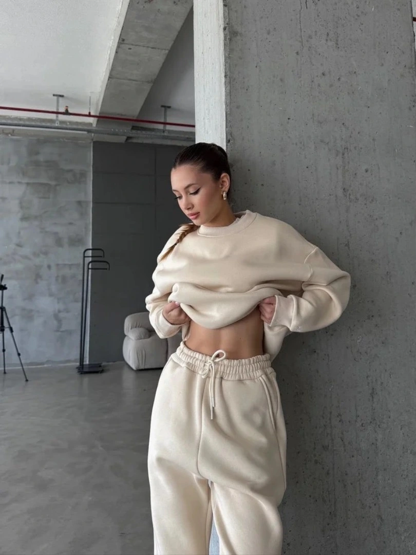 3 iplik şardonlu Lastik paça eşofman bej p510439