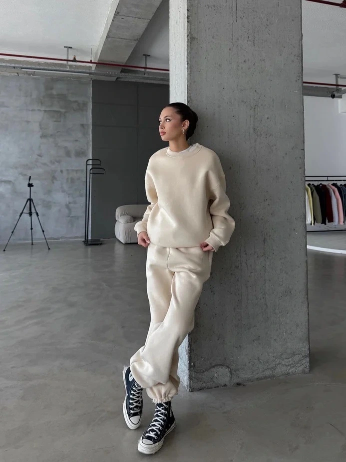 3 iplik şardonlu Lastik paça eşofman bej p510439