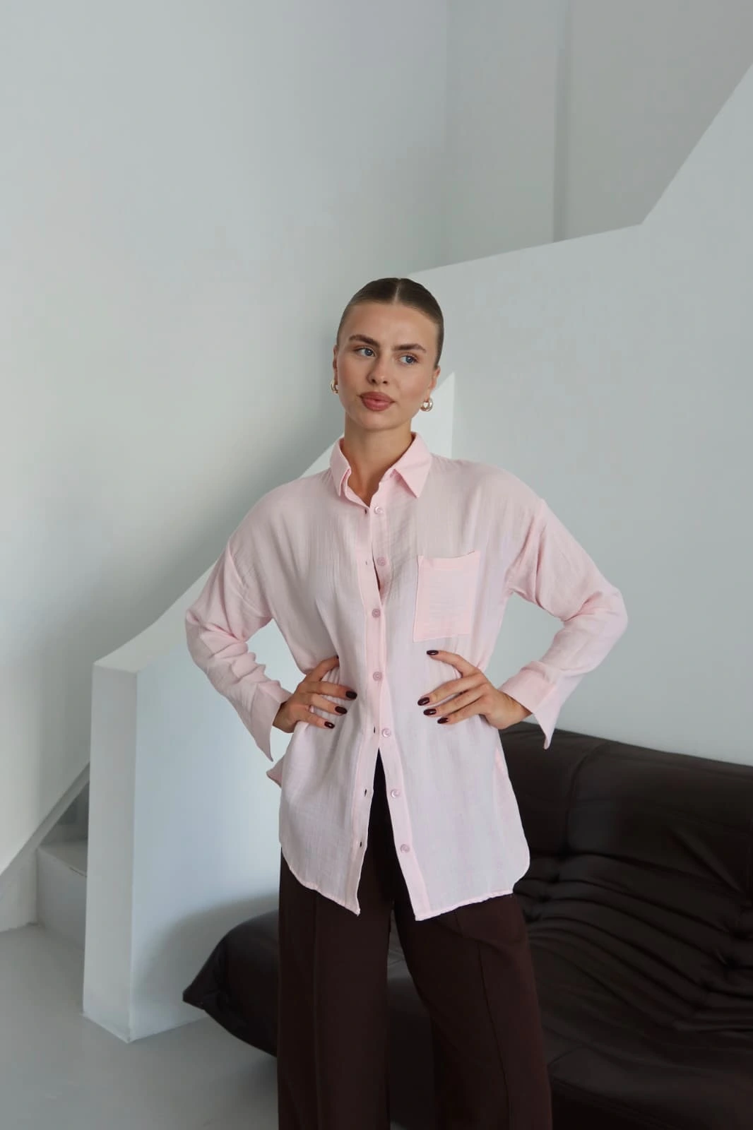 Tek cepli müslin gömlek pembe pt