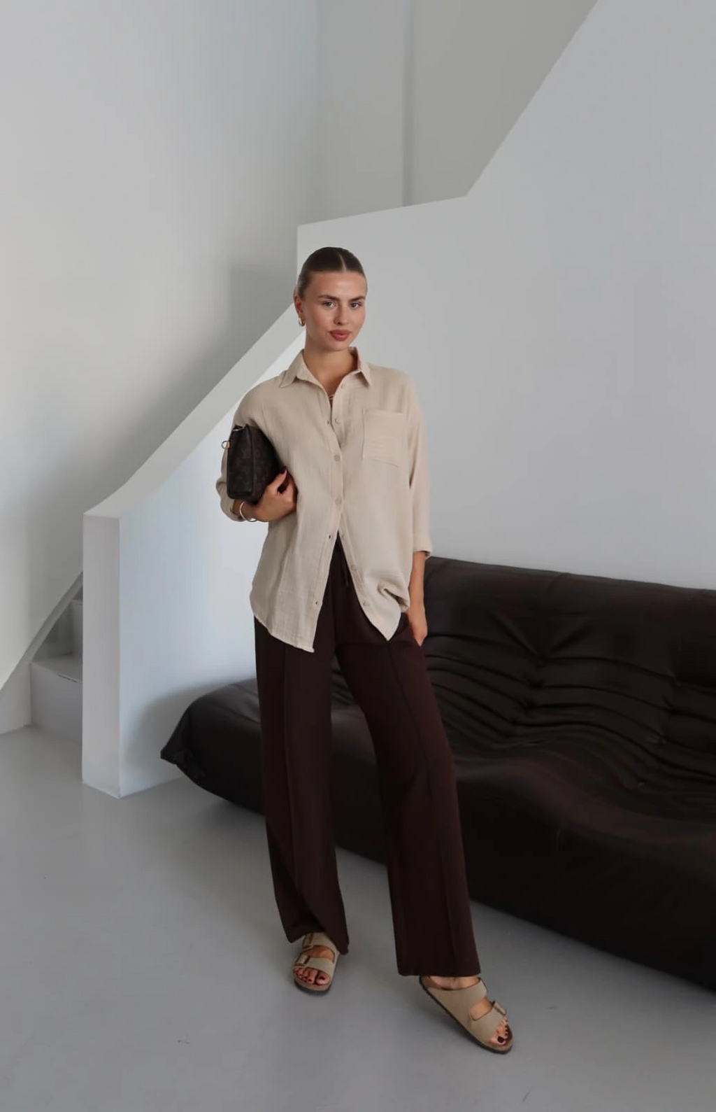 Tek cepli müslin gömlek bej pt